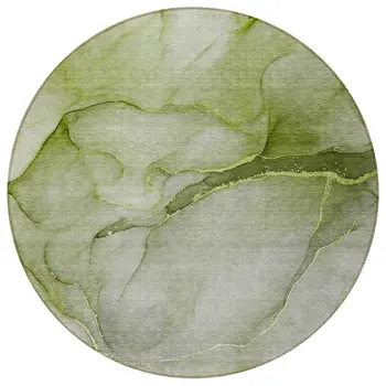 8' Olive Green Round Abstract Washable Indoor Outdoor Area Rug