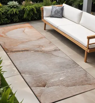 8' Runner Taupe Abstract Washable Non Skid Indoor Outdoor Runner Rug