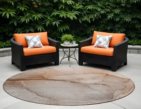 8' Taupe Round Abstract Washable Indoor Outdoor Area Rug