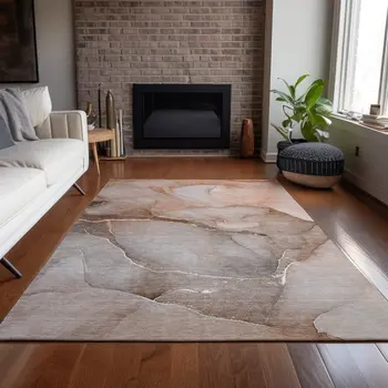 8' X 10' Taupe Abstract Washable Non Skid Indoor Outdoor Area Rug