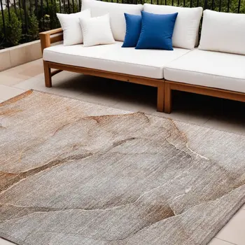10' X 14' Taupe Abstract Washable Non Skid Indoor Outdoor Area Rug