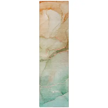 8' Runner Teal Abstract Washable Non Skid Indoor Outdoor Runner Rug