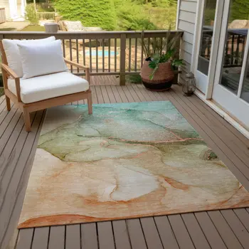 3' X 5' Green and Pink Abstract Washable Non Skid Indoor Outdoor Area Rug