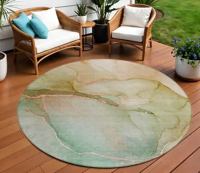 8' Teal Blue Round Abstract Washable Indoor Outdoor Area Rug