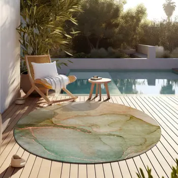 8' Teal Blue Round Abstract Washable Indoor Outdoor Area Rug