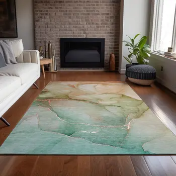8' X 10' Teal Abstract Washable Non Skid Indoor Outdoor Area Rug