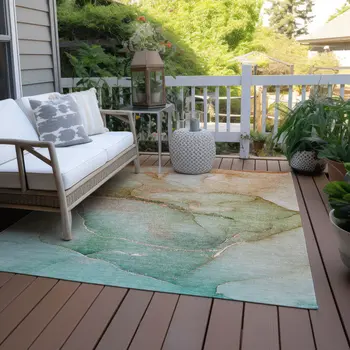 9' X 12' Teal Abstract Washable Non Skid Indoor Outdoor Area Rug