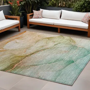 10' X 14' Teal Abstract Washable Non Skid Indoor Outdoor Area Rug