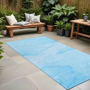 8' Runner Blue Abstract Washable Non Skid Indoor Outdoor Runner Rug