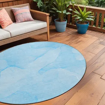 8' Round Blue Round Abstract Washable Non Skid Indoor Outdoor Area Rug