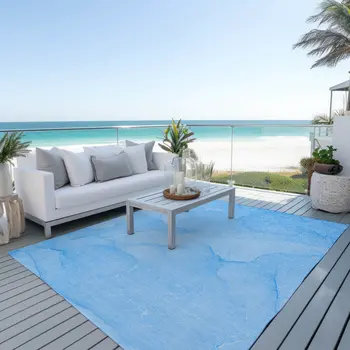 9' X 12' Blue Abstract Washable Non Skid Indoor Outdoor Area Rug