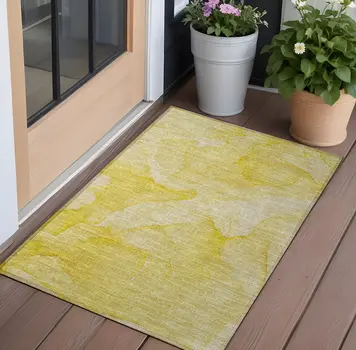 3' X 5' Gold Abstract Washable Non Skid Indoor Outdoor Area Rug