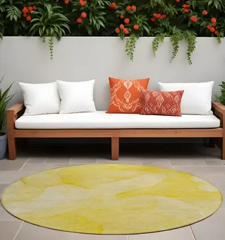 8' Round Gold Abstract Washable Non Skid Indoor Outdoor Area Rug