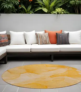 8' Round Orange Abstract Washable Non Skid Indoor Outdoor Area Rug