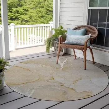 8' Round Beige Abstract Washable Indoor Outdoor Area Rug