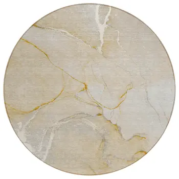 8' Round Beige Abstract Washable Indoor Outdoor Area Rug