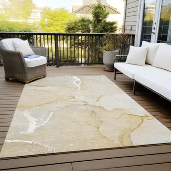 10' X 14' Beige Abstract Washable Non Skid Indoor Outdoor Area Rug