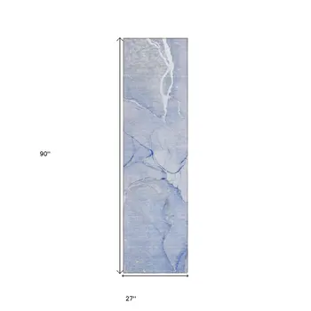 8' Runner Blue Abstract Washable Non Skid Indoor Outdoor Runner Rug
