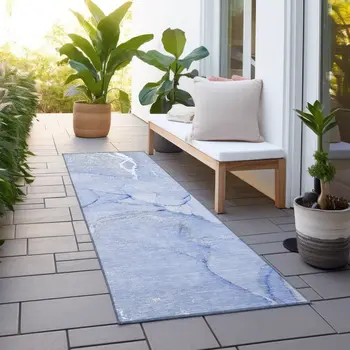 8' Runner Blue Abstract Washable Non Skid Indoor Outdoor Runner Rug