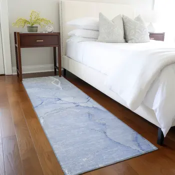 8' Runner Blue Abstract Washable Non Skid Indoor Outdoor Runner Rug