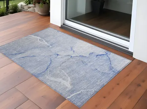 3' X 5' Blue Abstract Washable Non Skid Indoor Outdoor Area Rug