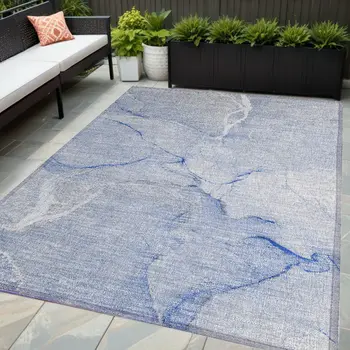 5' X 8' Blue Abstract Washable Non Skid Indoor Outdoor Area Rug