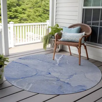 8' Round Blue Round Abstract Washable Non Skid Indoor Outdoor Area Rug