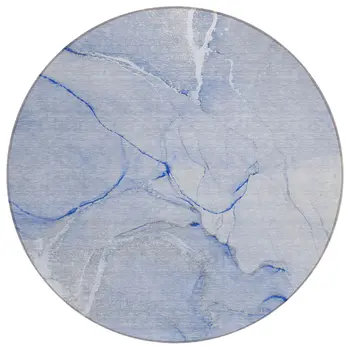 8' Round Blue Round Abstract Washable Non Skid Indoor Outdoor Area Rug