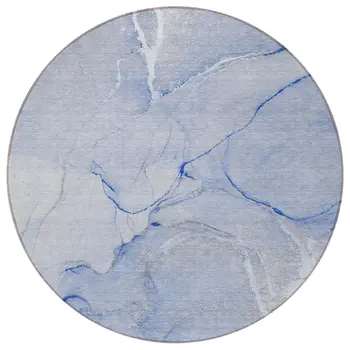8' Round Blue Round Abstract Washable Non Skid Indoor Outdoor Area Rug