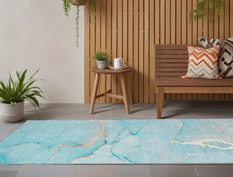 8' Runner Teal Abstract Washable Non Skid Indoor Outdoor Runner Rug