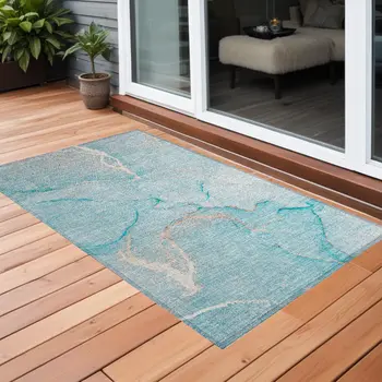 3' X 5' Teal Abstract Washable Non Skid Indoor Outdoor Area Rug