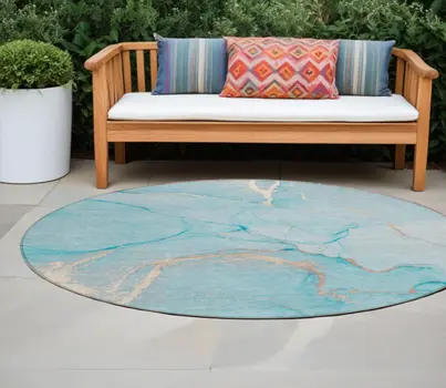 8' X 8' Teal Round Abstract Washable Indoor Outdoor Area Rug