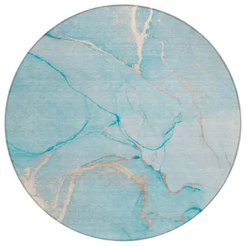 8' X 8' Teal Round Abstract Washable Indoor Outdoor Area Rug