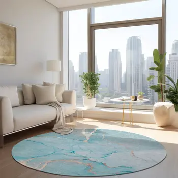 8' X 8' Teal Round Abstract Washable Indoor Outdoor Area Rug