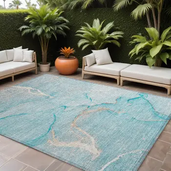8' X 10' Teal Abstract Washable Non Skid Indoor Outdoor Area Rug