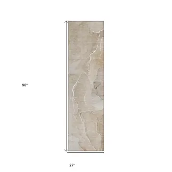 8' Runner Beige Abstract Washable Non Skid Indoor Outdoor Runner Rug