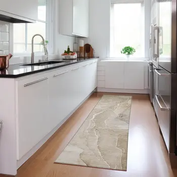 8' Runner Beige Abstract Washable Non Skid Indoor Outdoor Runner Rug