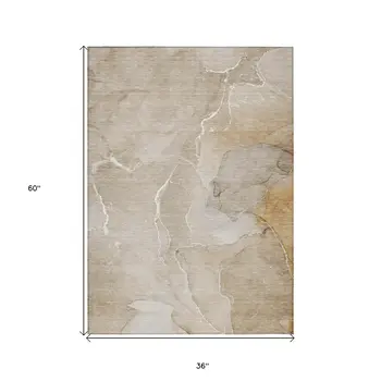 3' X 5' Beige Abstract Washable Non Skid Indoor Outdoor Area Rug