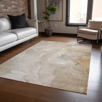 3' X 5' Beige Abstract Washable Non Skid Indoor Outdoor Area Rug