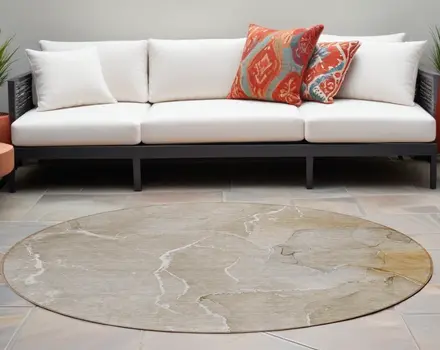 8' Round Beige Round Abstract Washable Non Skid Indoor Outdoor Area Rug
