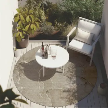 8' Round Beige Round Abstract Washable Non Skid Indoor Outdoor Area Rug