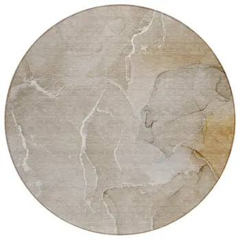 8' Round Beige Round Abstract Washable Non Skid Indoor Outdoor Area Rug