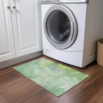 2' X 3' Green Abstract Washable Non Skid Indoor Outdoor Area Rug