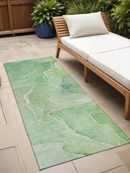 8' Runner Green Abstract Washable Non Skid Indoor Outdoor Runner Rug