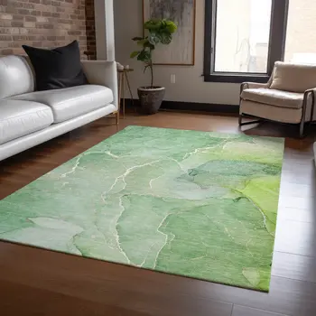 5' X 8' Green Abstract Washable Non Skid Indoor Outdoor Area Rug