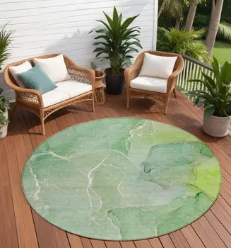 8' Round Green Round Abstract Washable Non Skid Indoor Outdoor Area Rug