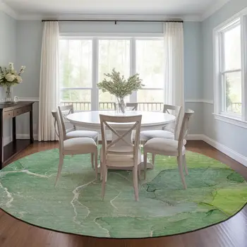 8' Round Green Round Abstract Washable Non Skid Indoor Outdoor Area Rug