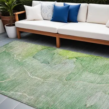 9' X 12' Green Abstract Washable Non Skid Indoor Outdoor Area Rug