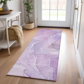 8' Runner Purple Abstract Washable Non Skid Indoor Outdoor Runner Rug