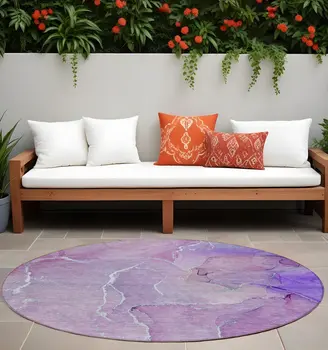 8' Round Purple Round Abstract Washable Non Skid Indoor Outdoor Area Rug
